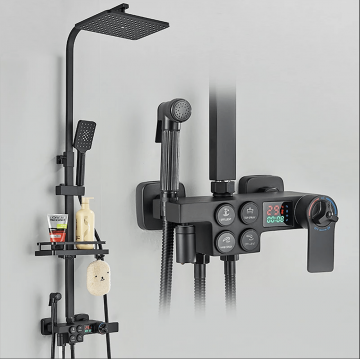 Coloana Dus cu termostat si afisaj de temperatura, negru mat, cu efect de ploaie, 6 functii de curgere, cod 1544 Coloana Dus cu termostat si afisaj de temperatura, negru mat, cu efect de ploaie, 6 functii de curgere, cod 1544